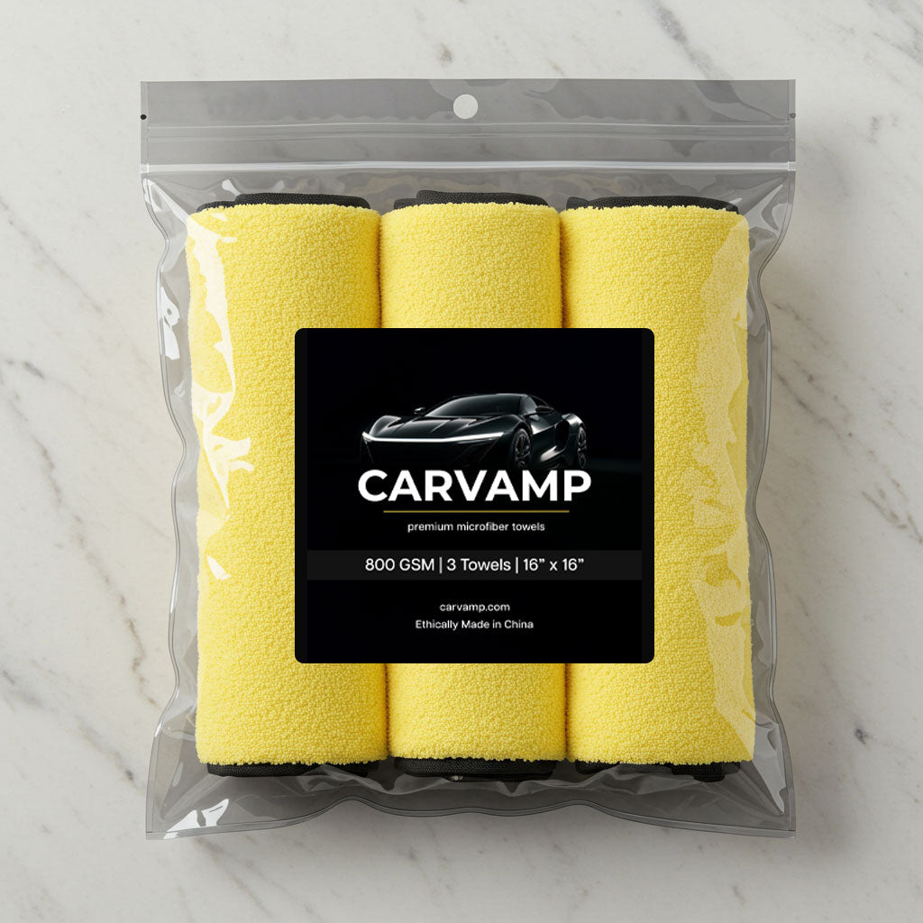 Carvamp Premium Microfiber Car Towels — 800 GSM, Dual-Sided, 16” x 16”, 3-Pack